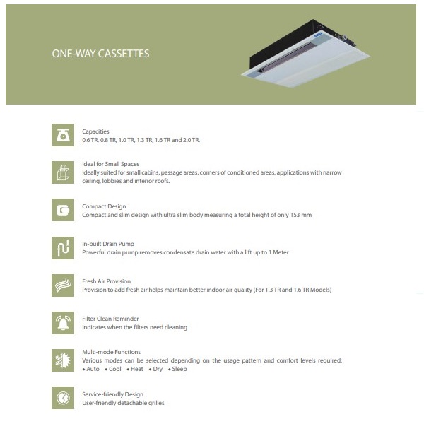 Blue Star VRF 1-way Cassette Indoor Units Specifications